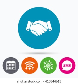 Wifi, Sms and calendar icons. Handshake sign icon. Successful business symbol. Go to web globe.