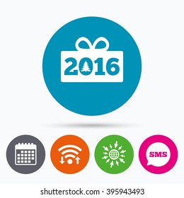 Wifi, Sms and calendar icons. Happy new year 2016 sign icon. Christmas gift anf tree. Go to web globe.