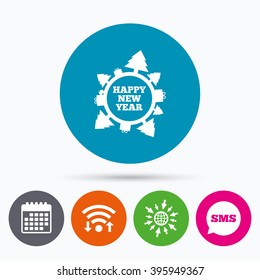 Wifi, Sms and calendar icons. Happy new year globe sign icon. Gifts and trees symbol. Full rotation 360. Go to web globe.