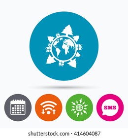 Wifi, Sms and calendar icons. Happy new year earth sign icon. Gifts and trees symbol. Full rotation 360. Go to web globe.
