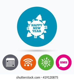 Wifi, Sms and calendar icons. Happy new year globe sign icon. Gifts and trees symbol. Full rotation 360. Go to web globe.