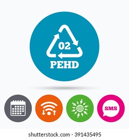 Wifi, Sms and calendar icons. Hd-pe 02 icon. High-density polyethylene sign. Recycling symbol. Go to web globe.