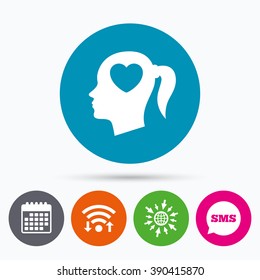 Wifi, Sms and calendar icons. Head with heart sign icon. Female woman human head in love with pigtail symbol. Go to web globe.