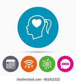 Wifi, Sms and calendar icons. Head with heart sign icon. Female woman human head in love with pigtail symbol. Go to web globe.