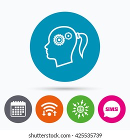 Wifi, Sms and calendar icons. Head with gears sign icon. Female woman human head think symbol. Go to web globe.