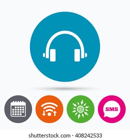 Wifi, Sms and calendar icons. Headphones sign icon. Earphones button. Go to web globe.