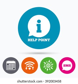 Wifi, Sms and calendar icons. Help point sign icon. Information symbol. Go to web globe.