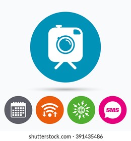 Wifi, Sms and calendar icons. Hipster photo camera sign icon. Retro camera on tripod symbol. Go to web globe.