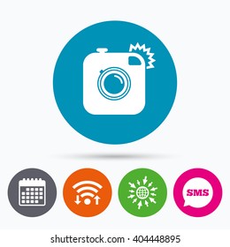 Wifi, Sms and calendar icons. Hipster photo camera sign icon. Retro camera with flash symbol. Go to web globe.