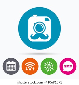 Wifi, Sms and calendar icons. Hipster photo camera with mustache sign icon. Retro camera symbol. Go to web globe.