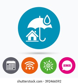 Wifi, Sms and calendar icons. Home insurance sign icon. Real estate insurance symbol. Go to web globe.