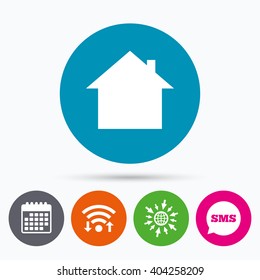Wifi, Sms and calendar icons. Home sign icon. Main page button. Navigation symbol. Go to web globe.