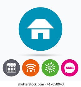 Wifi, Sms and calendar icons. Home sign icon. Main page button. Navigation symbol. Go to web globe.