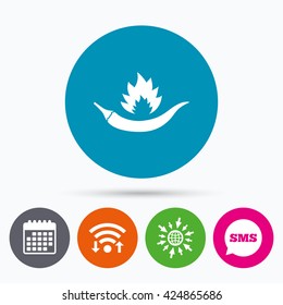 Wifi, Sms and calendar icons. Hot chili pepper sign icon. Spicy food fire symbol. Go to web globe.