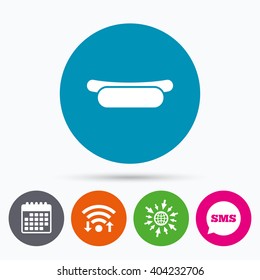 Wifi, Sms and calendar icons. Hotdog sandwich icon. Sausage symbol. Fast food sign. Go to web globe.