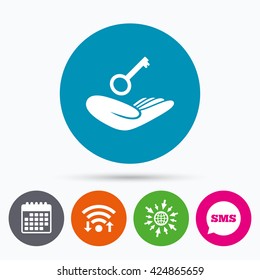 Wifi, Sms and calendar icons. House insurance sign. Hand holds home key symbol. Insurance of property. Go to web globe.