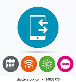 Wifi, Sms and calendar icons. Incoming and outcoming calls sign icon. Smartphone symbol. Go to web globe.