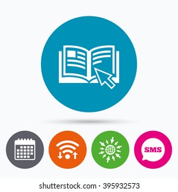 Wifi, Sms and calendar icons. Instruction sign icon. Manual book symbol. Read before use. Go to web globe.