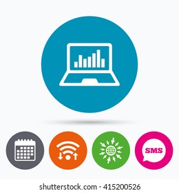 Wifi, Sms and calendar icons. Laptop sign icon. Notebook pc with graph symbol. Monitoring. Go to web globe.