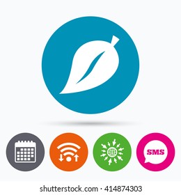 Wifi, Sms and calendar icons. Leaf sign icon. Fresh natural product symbol. Go to web globe.