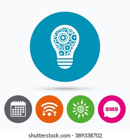Wifi, Sms and calendar icons. Light lamp sign icon. Bulb with gears and cogs symbol. Idea symbol. Go to web globe.