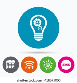 Wifi, Sms and calendar icons. Light lamp sign icon. Bulb with gears and cogs symbol. Idea symbol. Go to web globe.