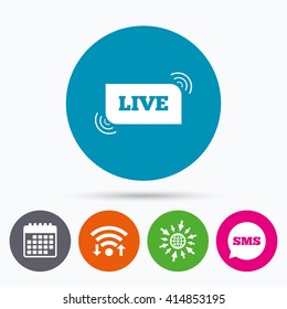 Wifi, Sms And Calendar Icons. Live Sign Icon. On Air Stream Symbol. Go To Web Globe.