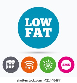 Wifi, Sms And Calendar Icons. Low Fat Sign Icon. Salt, Sugar Food Symbol. Go To Web Globe.