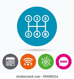 Wifi, Sms and calendar icons. Manual transmission sign icon. Automobile mechanic control symbol. Go to web globe.