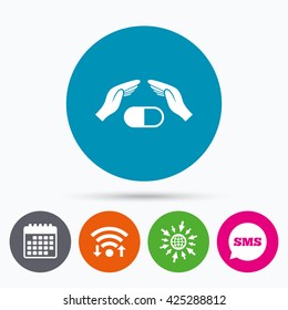 Wifi, Sms and calendar icons. Medical insurance sign icon. Hand holds pill drugs. Health Insurance. Go to web globe.