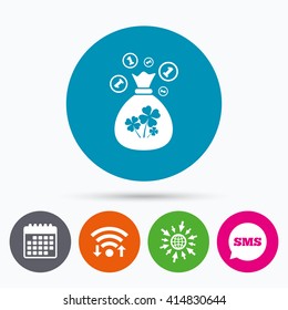 Wifi, Sms and calendar icons. Money bag with Clovers and coins sign icon. Saint Patrick symbol. Go to web globe.