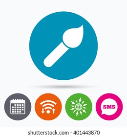 Wifi, Sms and calendar icons. Paint brush sign icon. Artist symbol. Go to web globe.