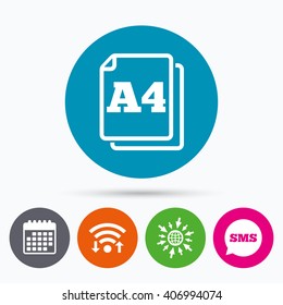 Wifi, Sms and calendar icons. Paper size A4 standard icon. File document symbol. Go to web globe.
