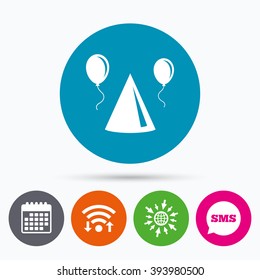 Wifi, Sms and calendar icons. Party hat sign icon. Birthday celebration symbol. Air balloon with rope. Go to web globe.