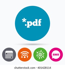 Wifi, Sms and calendar icons. PDF file document icon. Download pdf button. PDF file extension symbol. Go to web globe.