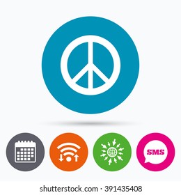 Wifi, Sms and calendar icons. Peace sign icon. Hope symbol. Antiwar sign. Go to web globe.