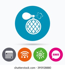 Wifi, Sms and calendar icons. Perfume bottle sign icon. Glamour fragrance symbol. Go to web globe.