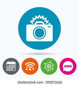 Wifi, Sms and calendar icons. Photo camera sign icon. Photo flash symbol. Go to web globe.