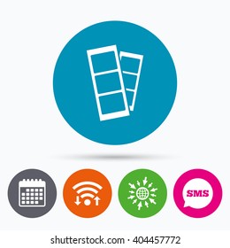 Wifi, Sms and calendar icons. Photo booth strips sign icon. Photo frame template symbol. Go to web globe.