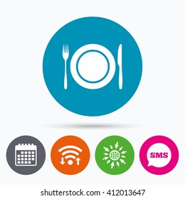 Wifi, Sms and calendar icons. Plate dish with fork and knife. Eat sign icon. Cutlery etiquette rules symbol. Go to web globe.