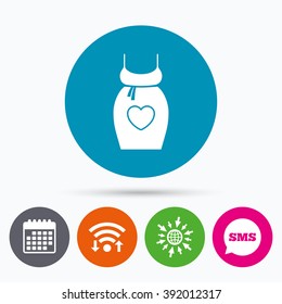 Wifi, Sms and calendar icons. Pregnant woman dress sign icon. Maternity with heart clothing symbol Go to web globe.