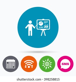 Wifi, Sms and calendar icons. Presentation sign icon. Man standing with pointer. Scheme and Diagram symbol. Go to web globe.
