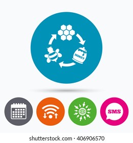 Wifi, Sms and calendar icons. Producing honey and beeswax sign icon. Honeycomb cells symbol. Honey in pot. Sweet natural food cycle in nature. Go to web globe.