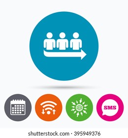 Wifi, Sms and calendar icons. Queue sign icon. Long turn symbol. Go to web globe.