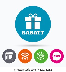 Wifi, Sms and calendar icons. Rabatt - Discounts in German sign icon. Gift box with ribbons symbol. Go to web globe.