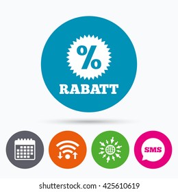 Wifi, Sms and calendar icons. Rabatt - Discounts in German sign icon. Star with percentage symbol. Go to web globe.