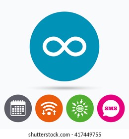 Wifi, Sms and calendar icons. Repeat icon. Loop symbol. Infinity sign. Go to web globe.