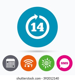 Wifi, Sms and calendar icons. Return of goods within 14 days sign icon. Warranty exchange symbol. Go to web globe.