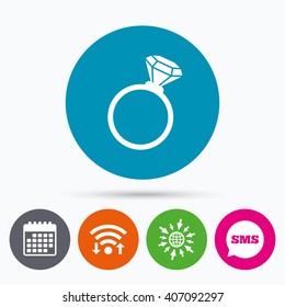 Wifi, Sms and calendar icons. Ring sign icon. Jewelry with diamond symbol. Wedding or engagement day symbol. Go to web globe.