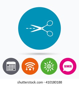 Wifi, Sms and calendar icons. Scissors with cut dash dotted line sign icon. Tailor symbol. Go to web globe.